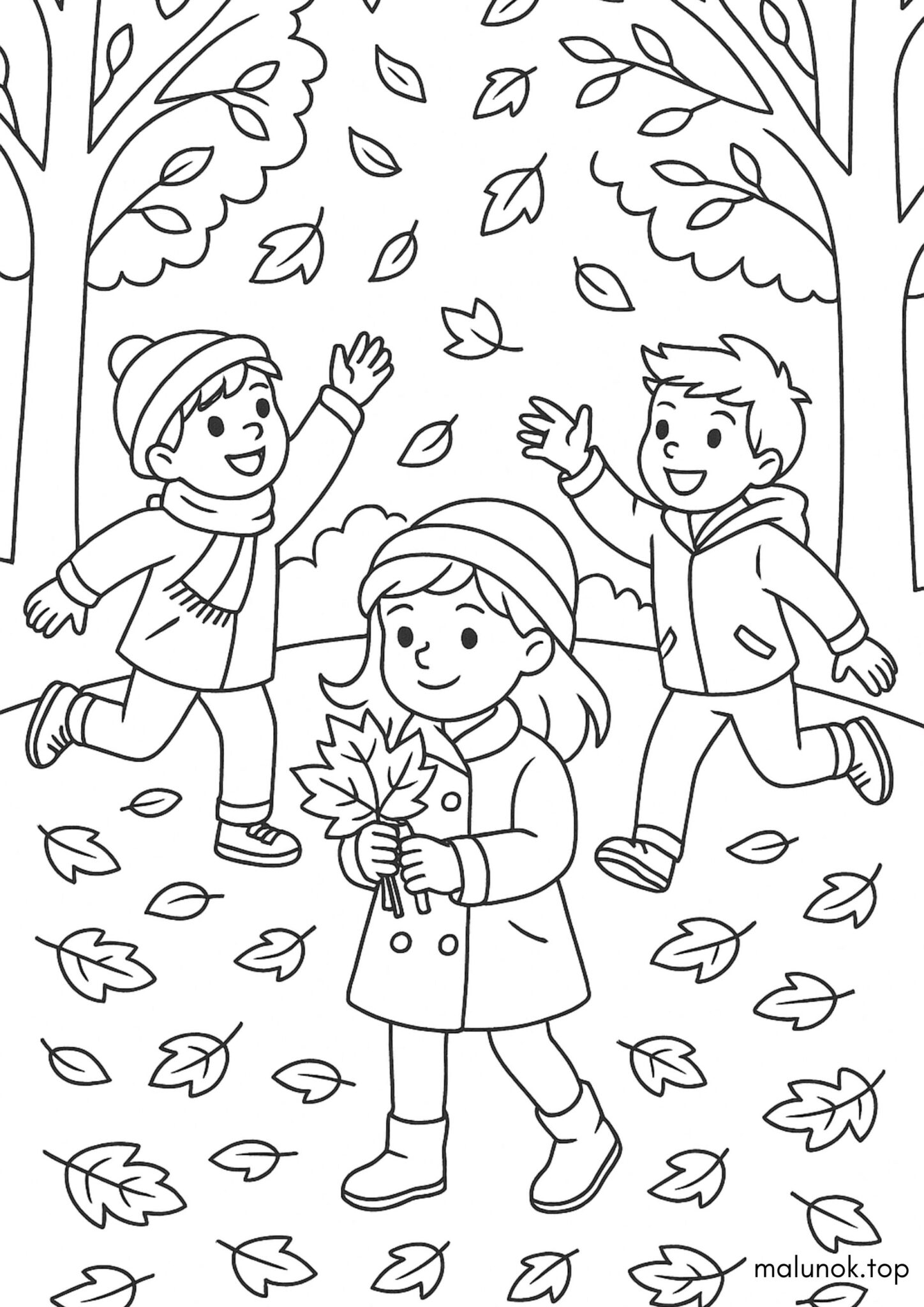 Раскраска Діти бавляться з листями