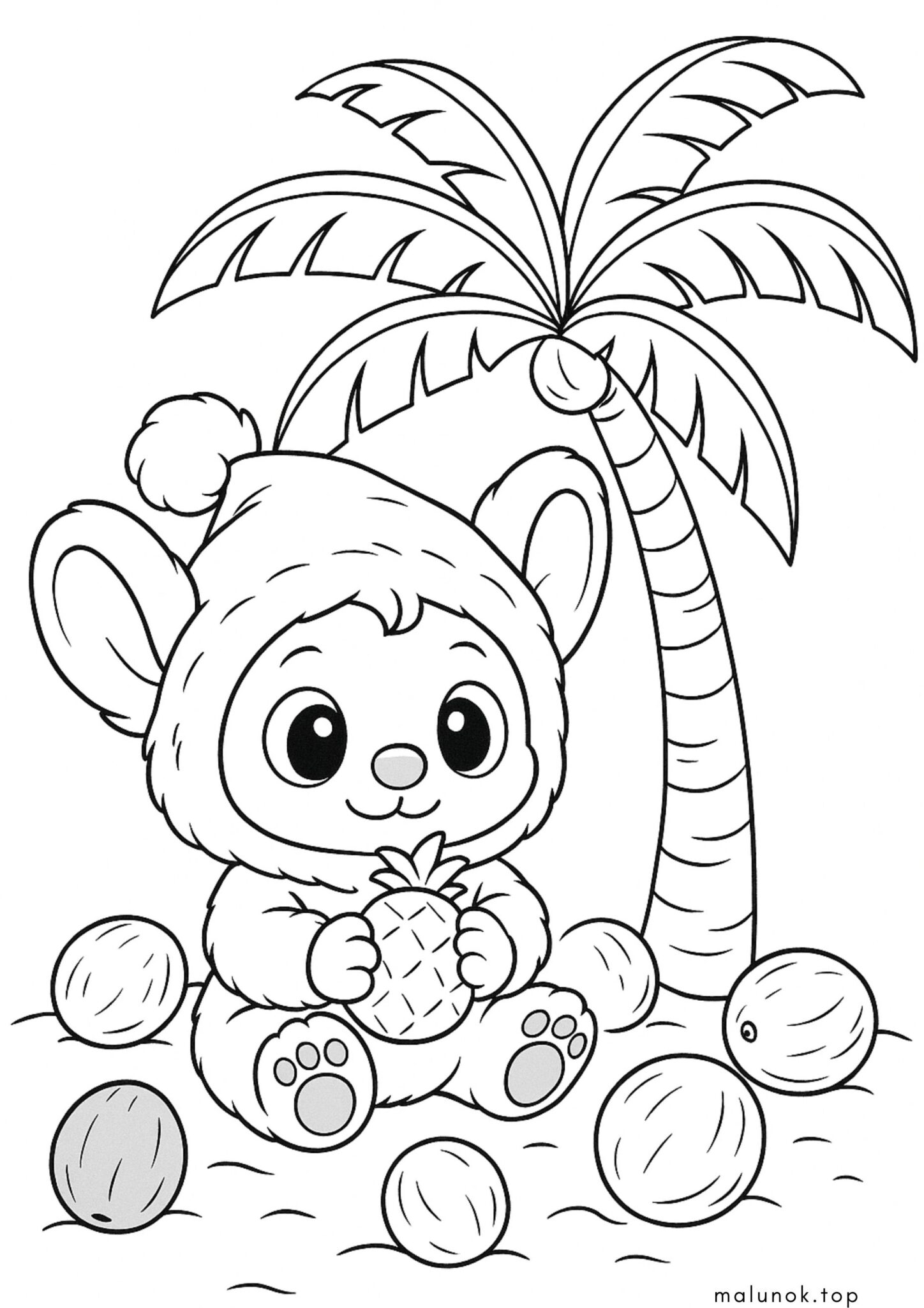 Раскраска Лабубу під пальмою Раскраска Лабубу під пальмою