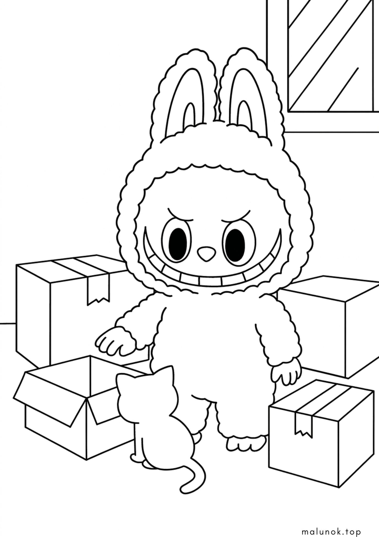 Раскраска Лабубу з коробками Раскраска Лабубу з коробками