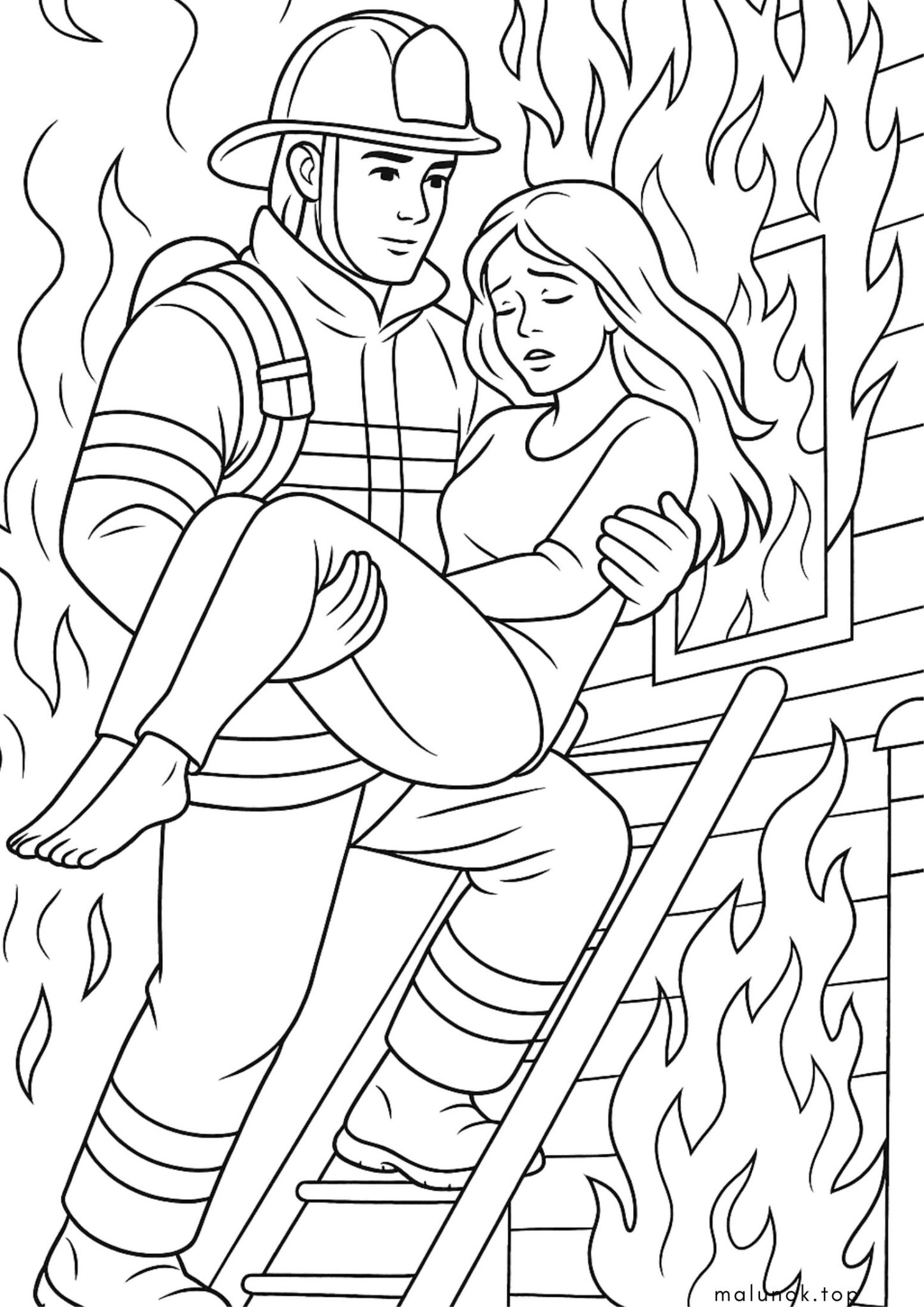 Раскраска Пожежник рятує жінку з пожежі