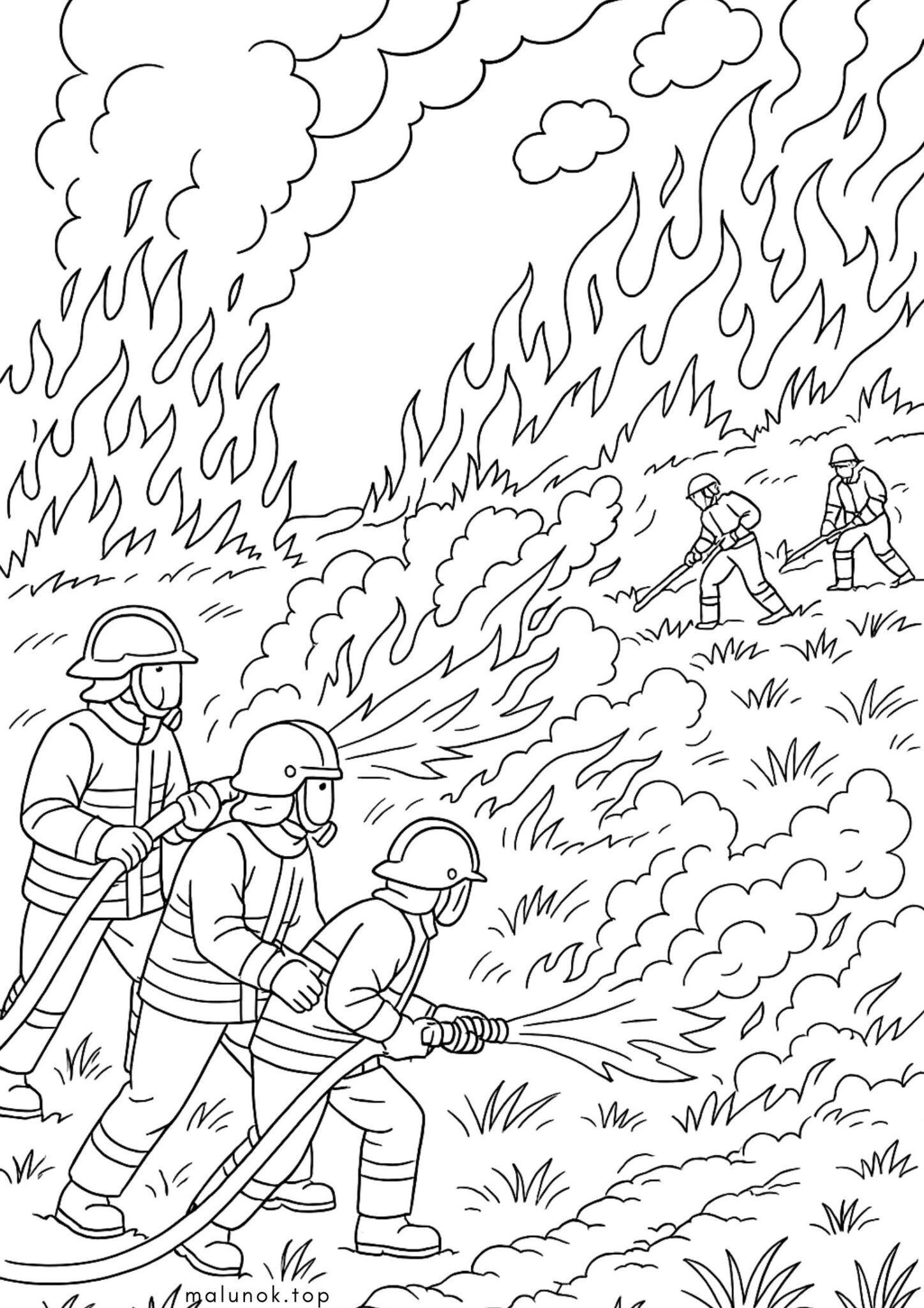 Раскраска Пожежники ліквідують степову пожежу