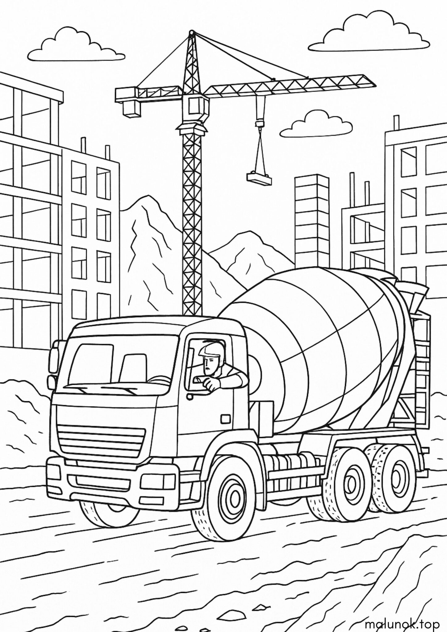 Раскраска Машина бетонозмішувача на будівництві