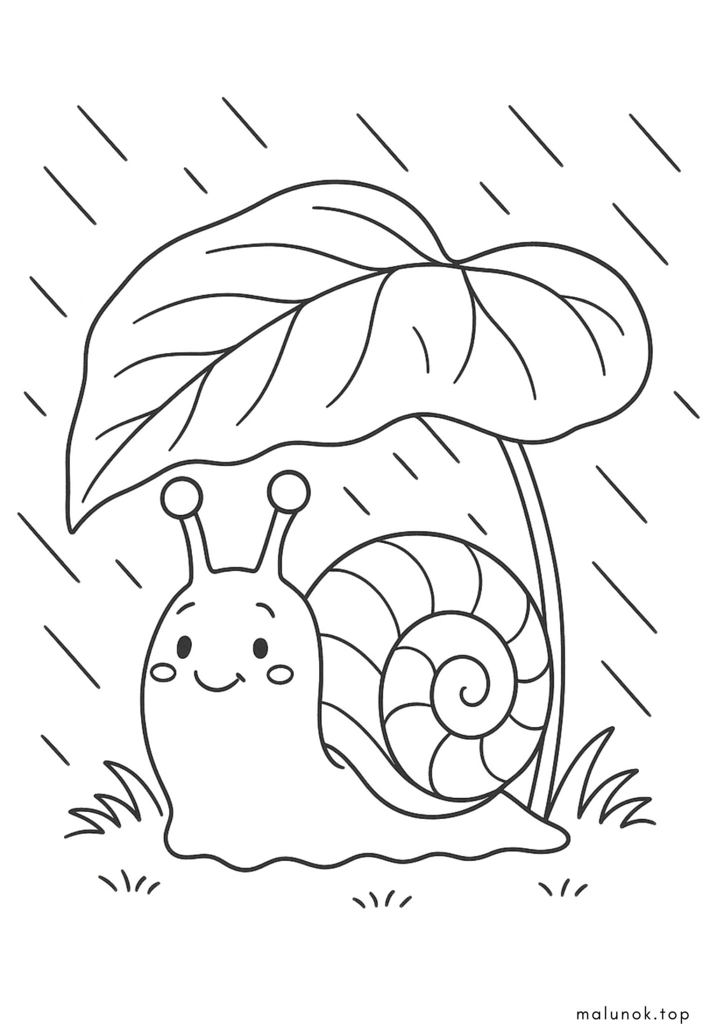 Раскраска Равлик ховається від осіннього дощу під листочком