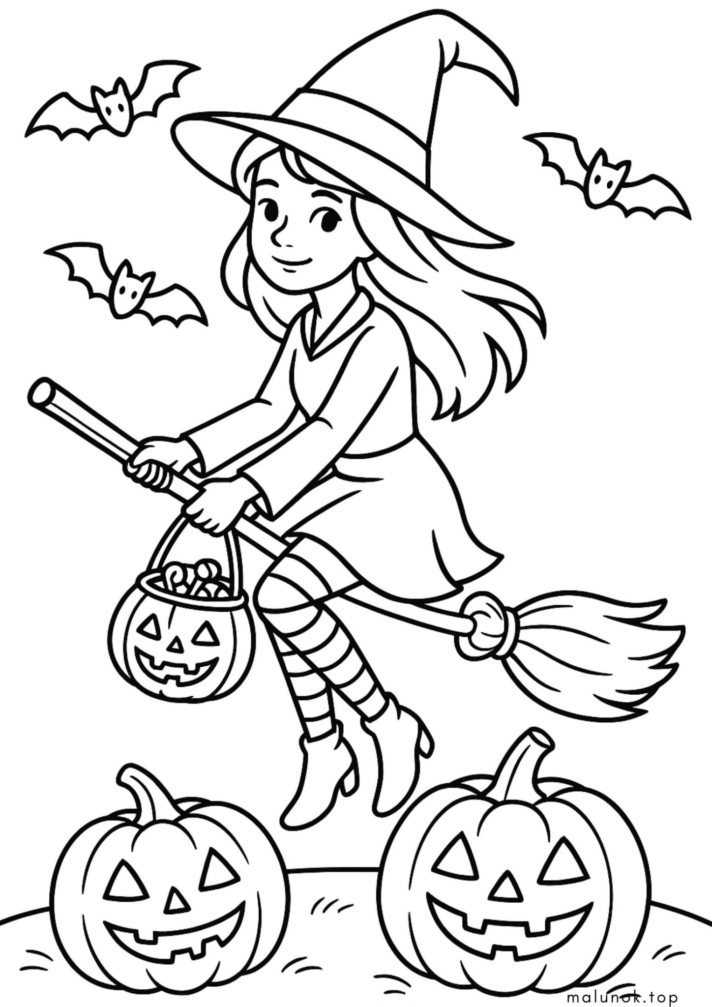 Раскраска Відьма на метлі на Хелловін