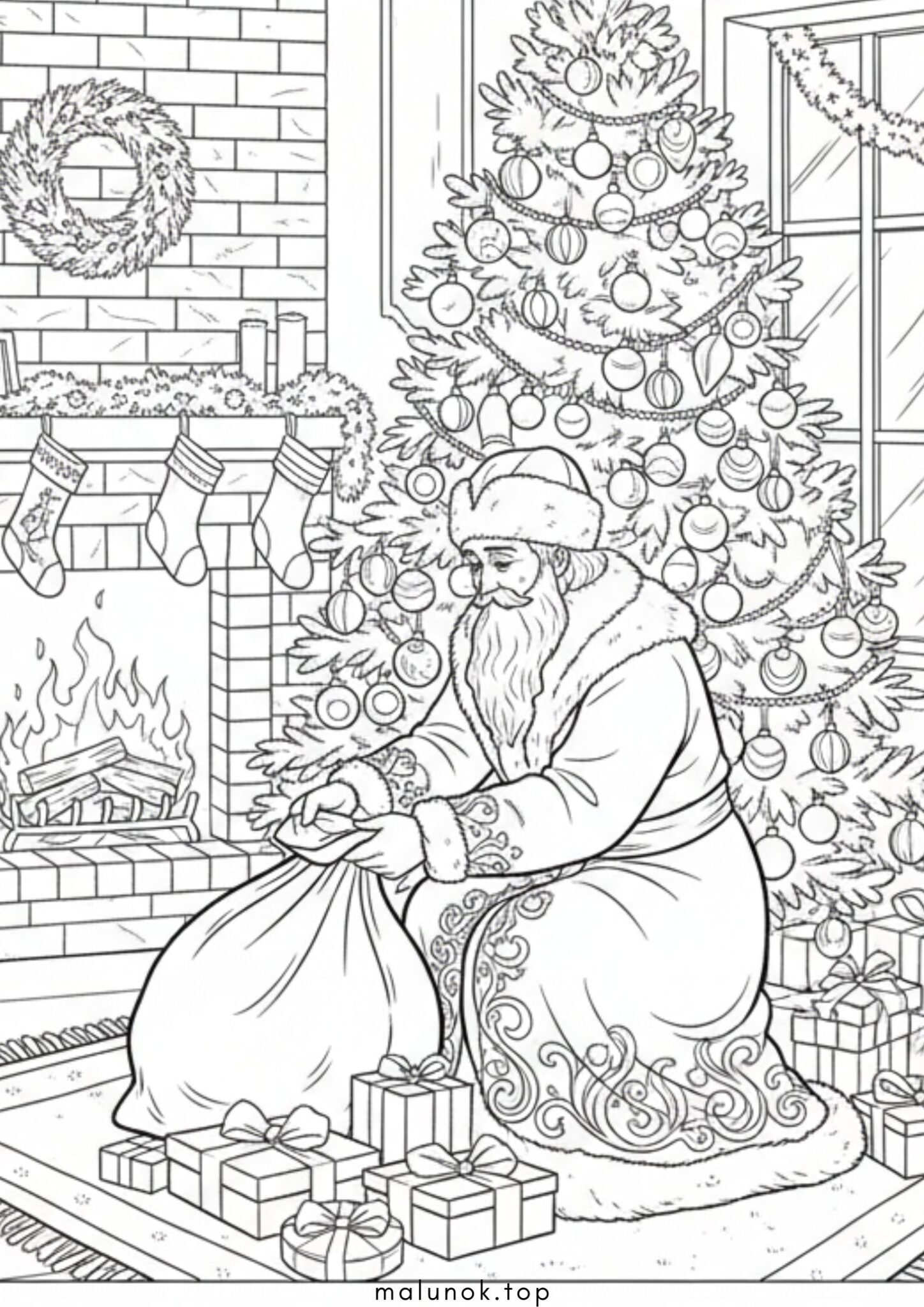 Раскраска Дід Мороз приніс подарунки під новорічну ялинку