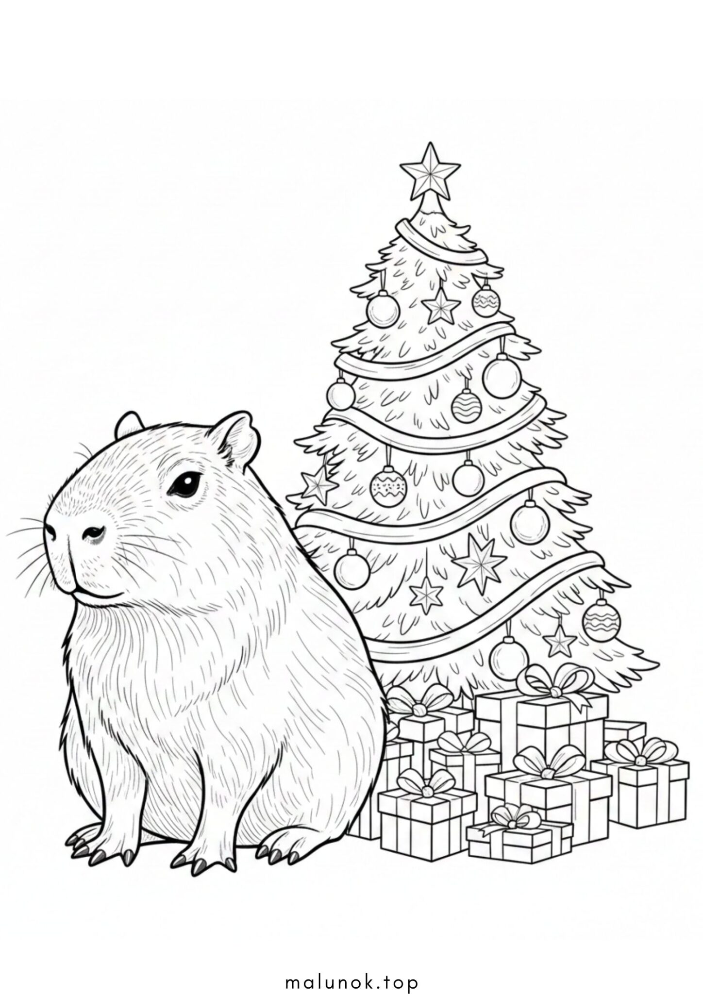Раскраска Капібара біля новорічної ялинки