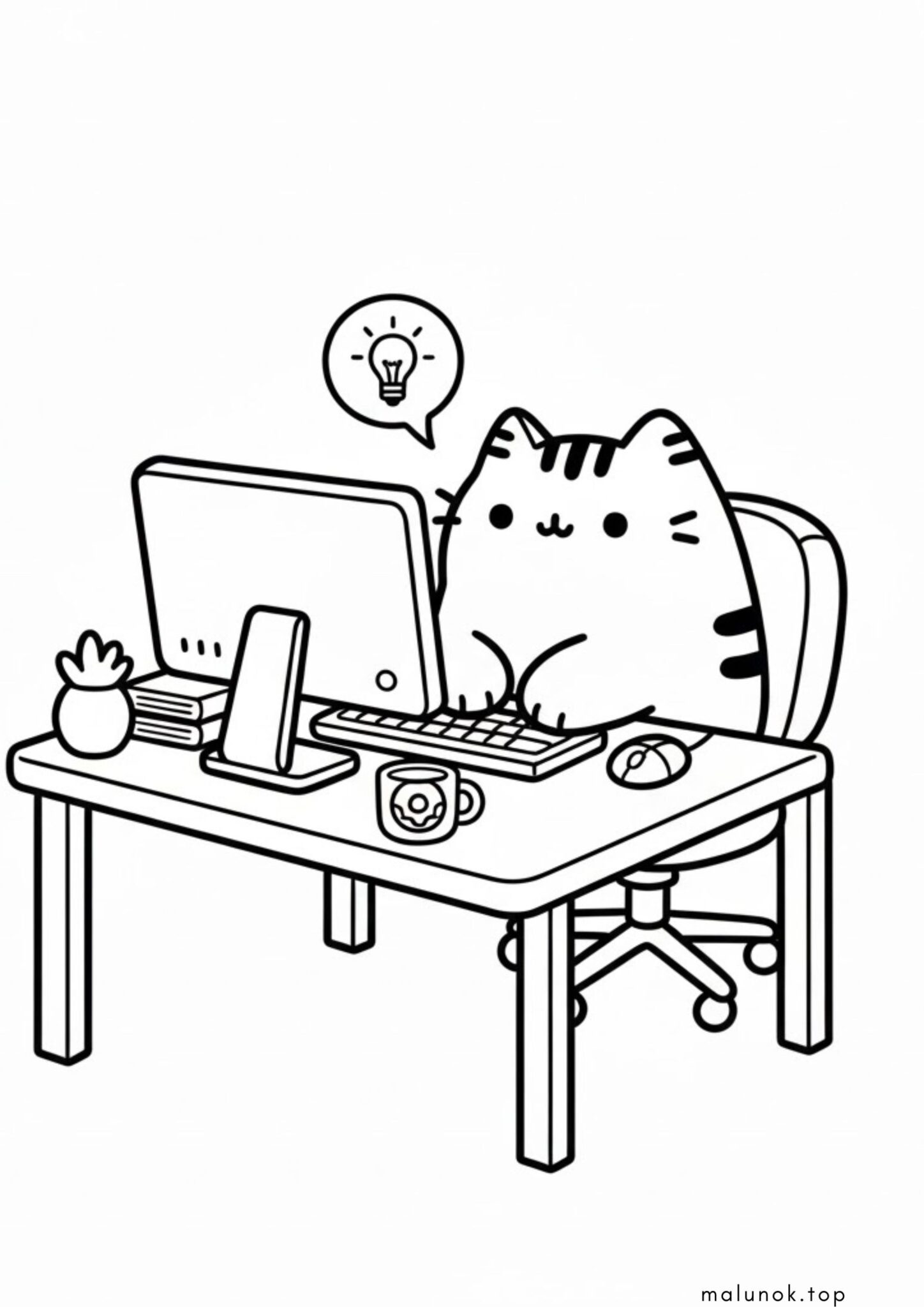 Раскраска Кіт Пушин працює за комп’ютером