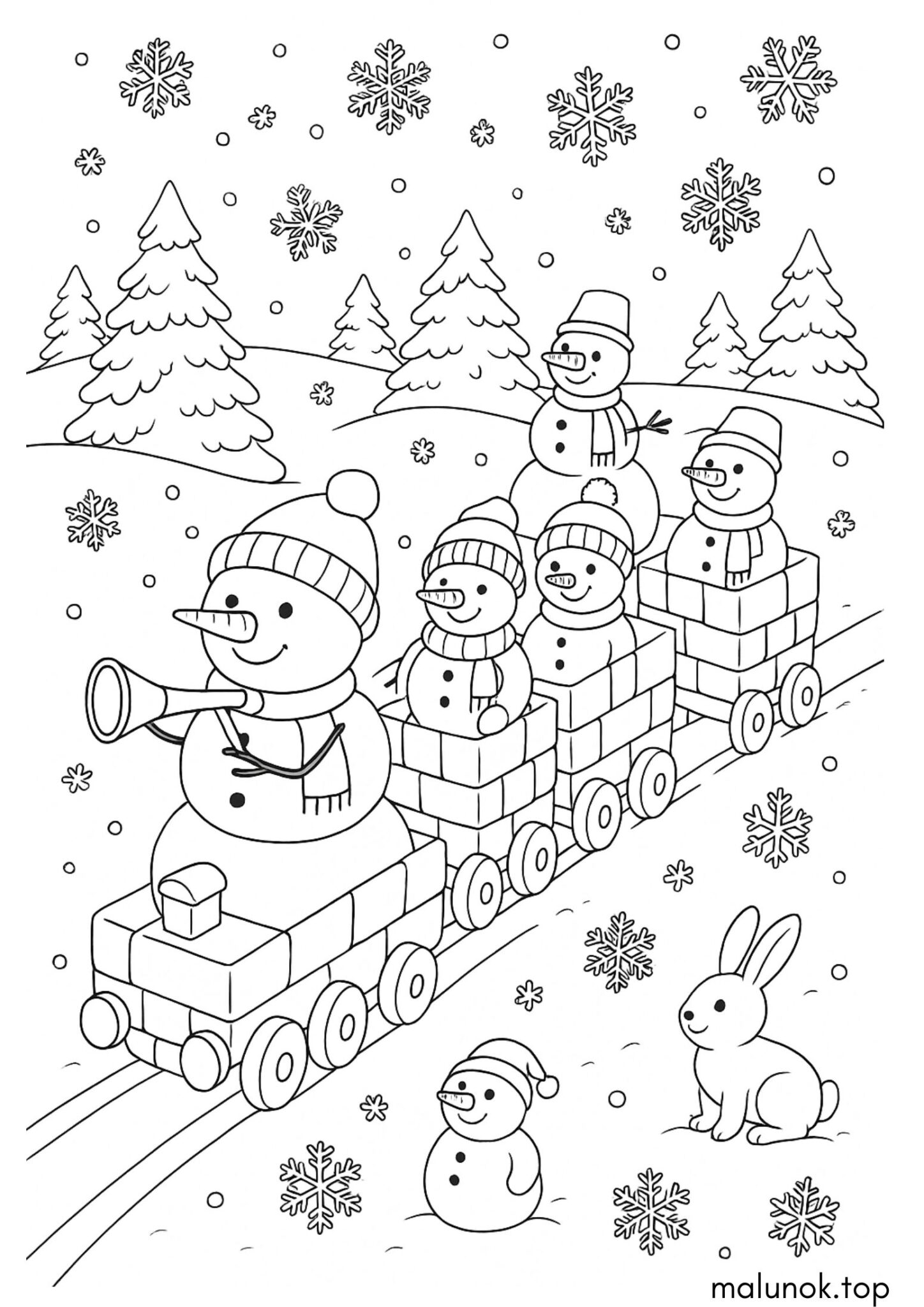 Раскраска Поїзд зі сніговиків