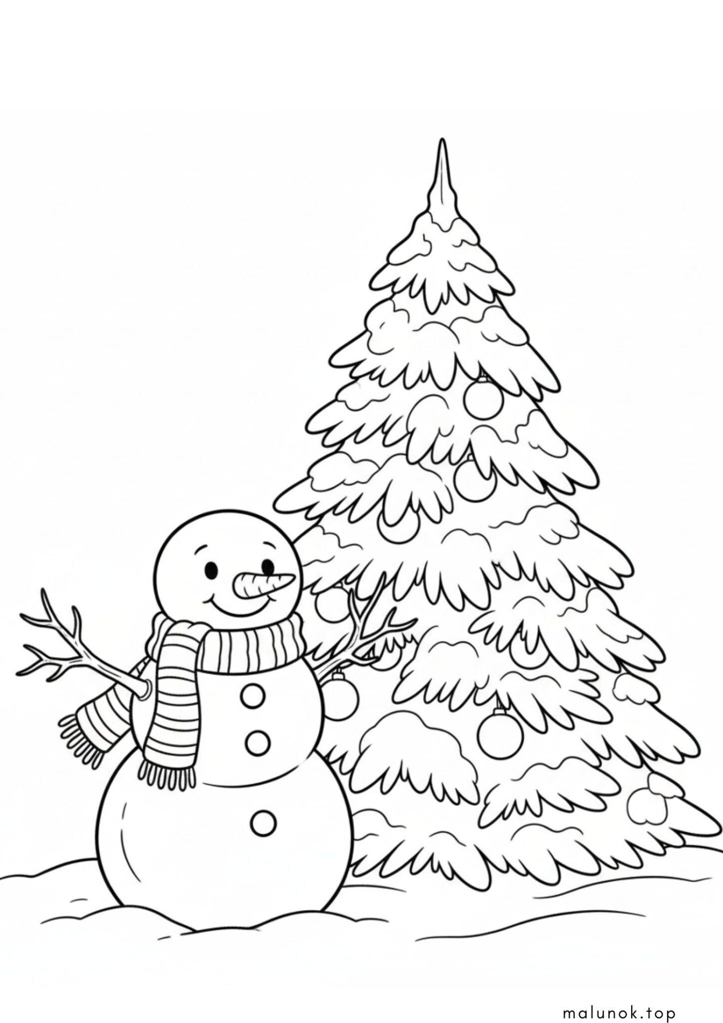 Раскраска Сніговичок поруч з новорічною ялинкою