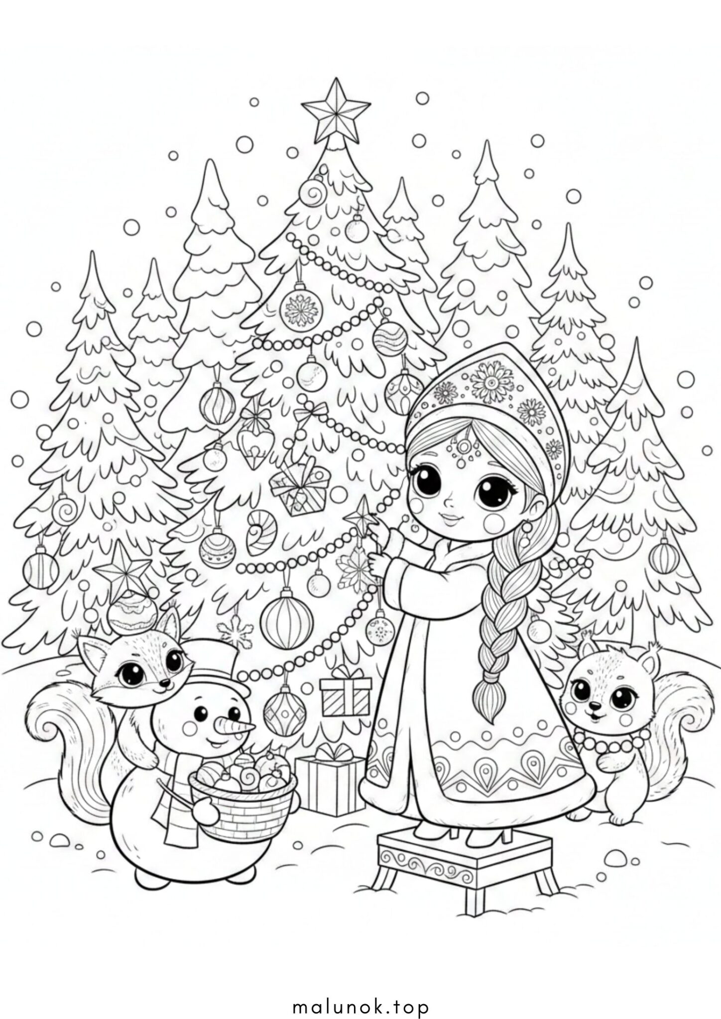 Раскраска Снігуронька прикращає новорічну ялинку зі звірями