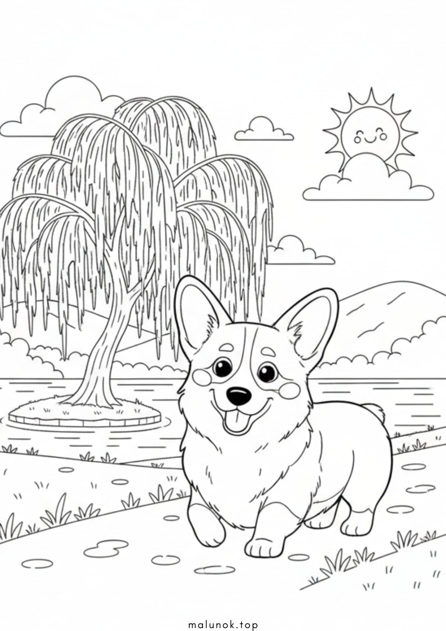 Раскраска Собака корги на прогулянці
