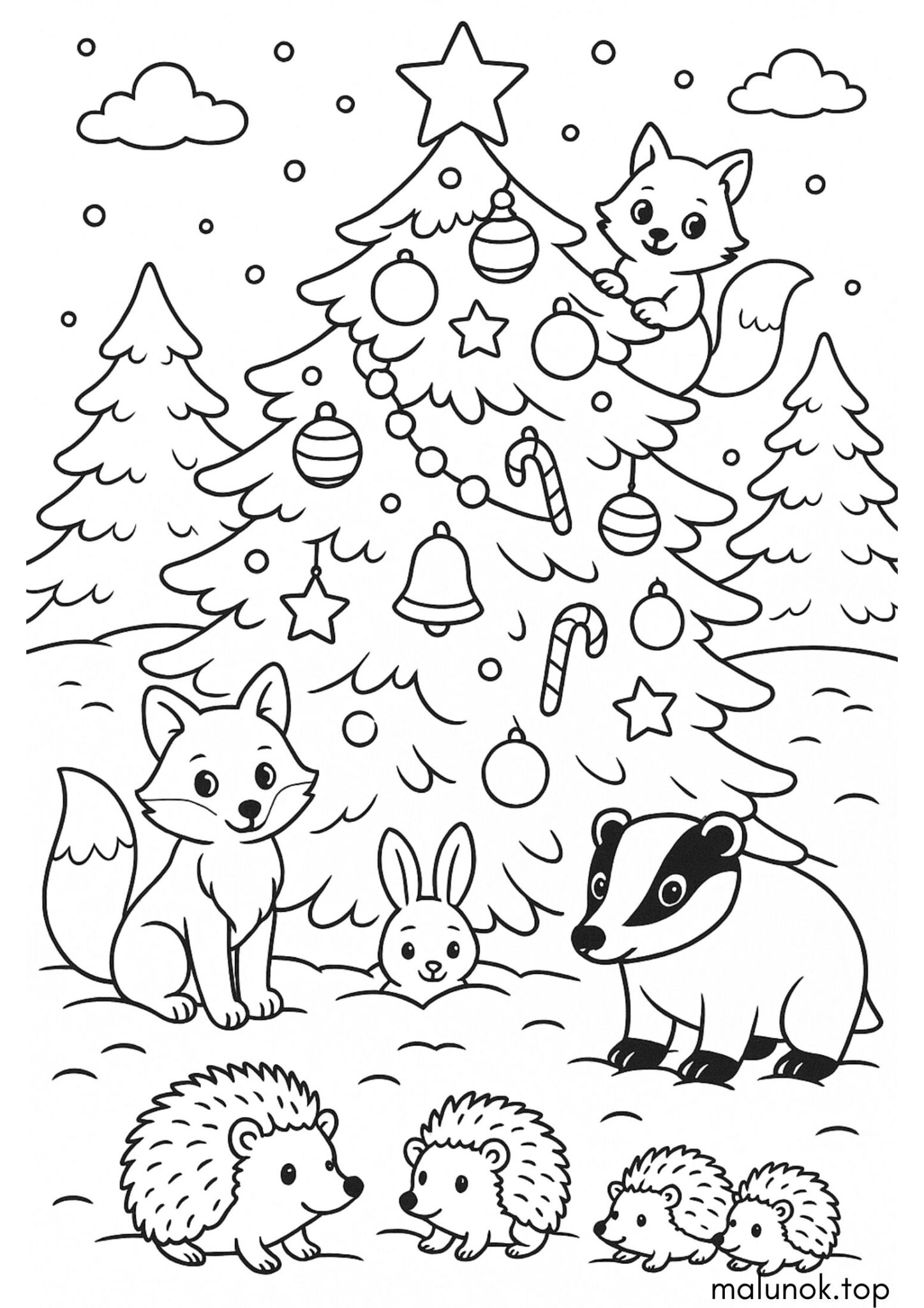 Раскраска Велика новорічна ялинка у лісі