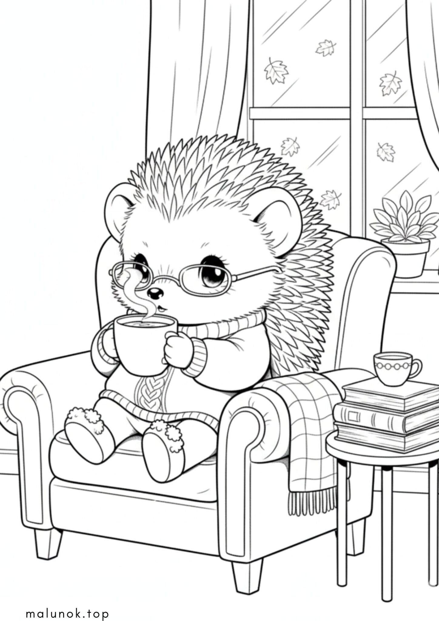 Раскраска Їжачок п’є каву осіннім днем