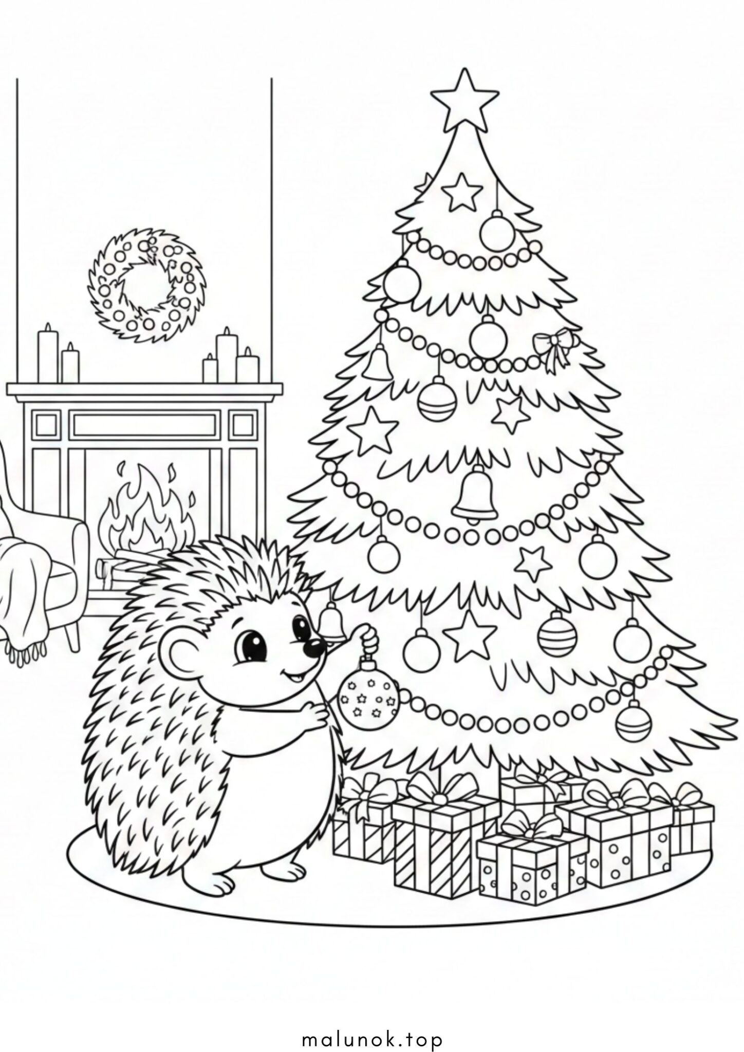 Раскраска Їжачок прикрашає новорічну ялинку