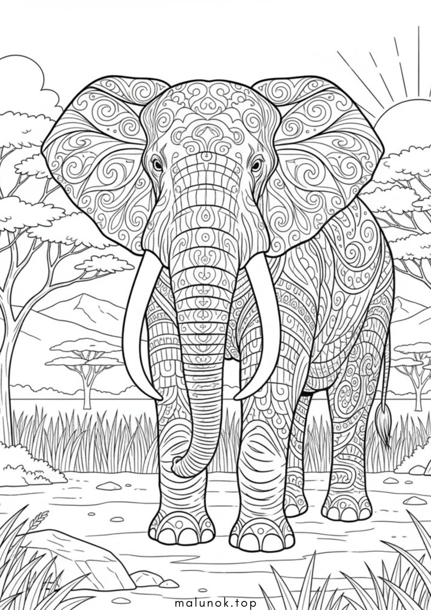 Раскраска Слон у савані антистрес