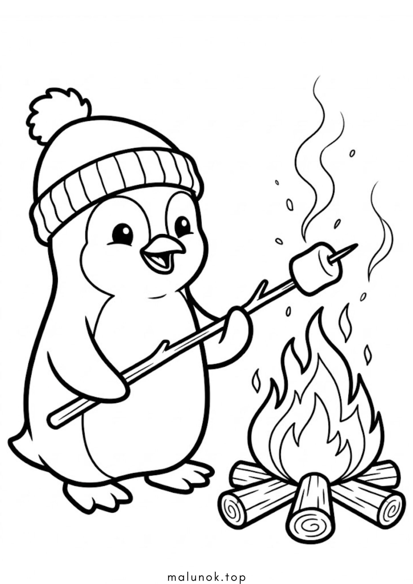 Раскраска Пінгвінчик смажить маршмеллоу