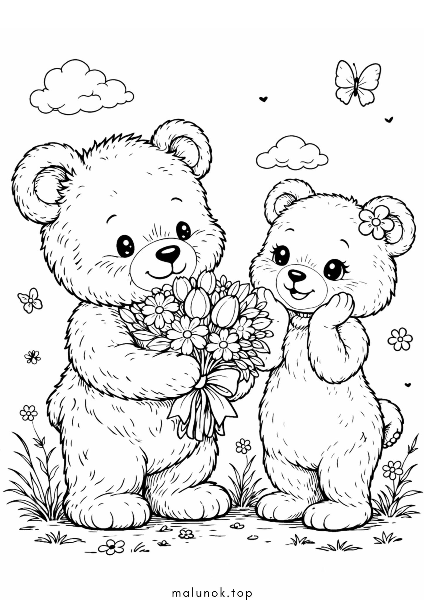 Раскраска До 8 березня – ведмідь з букетом квітів