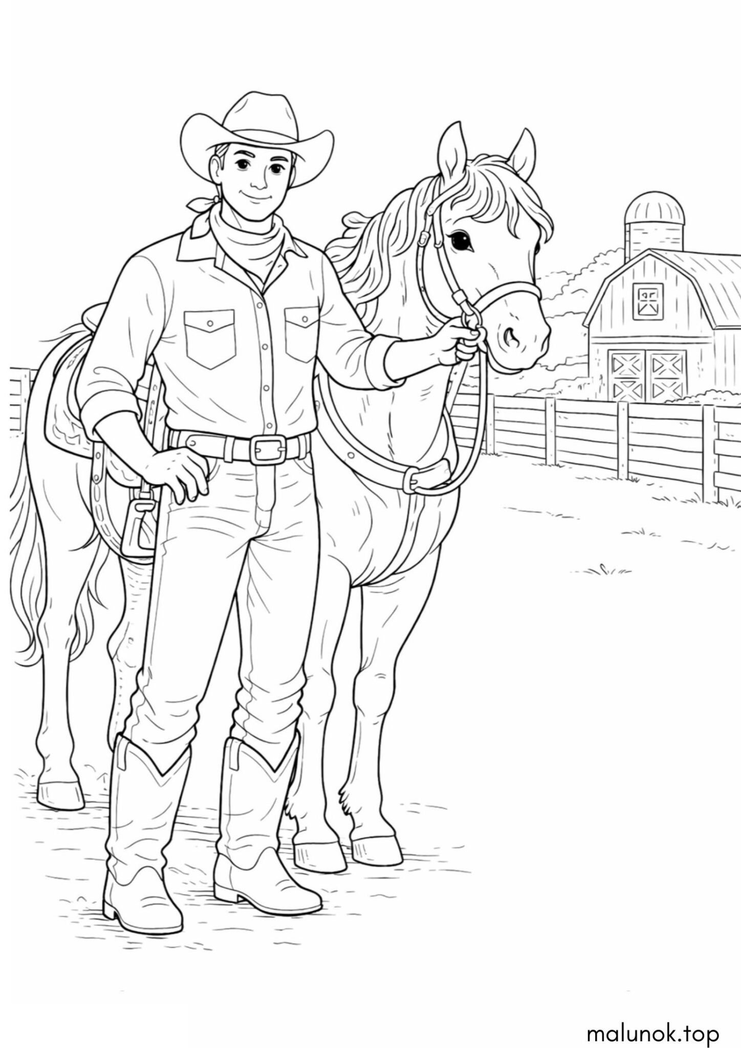 Раскраска Ковбой з конем на фермі