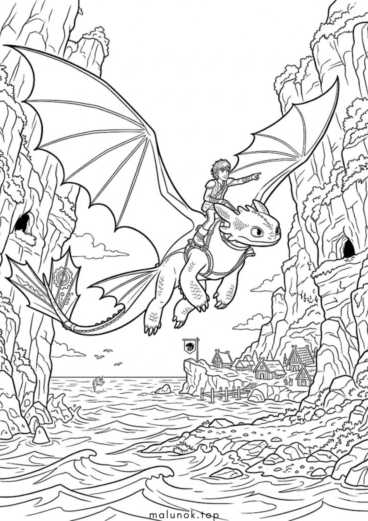 Раскраска Беззубик та Гикавка летят між скель (Як приборкати дракона)