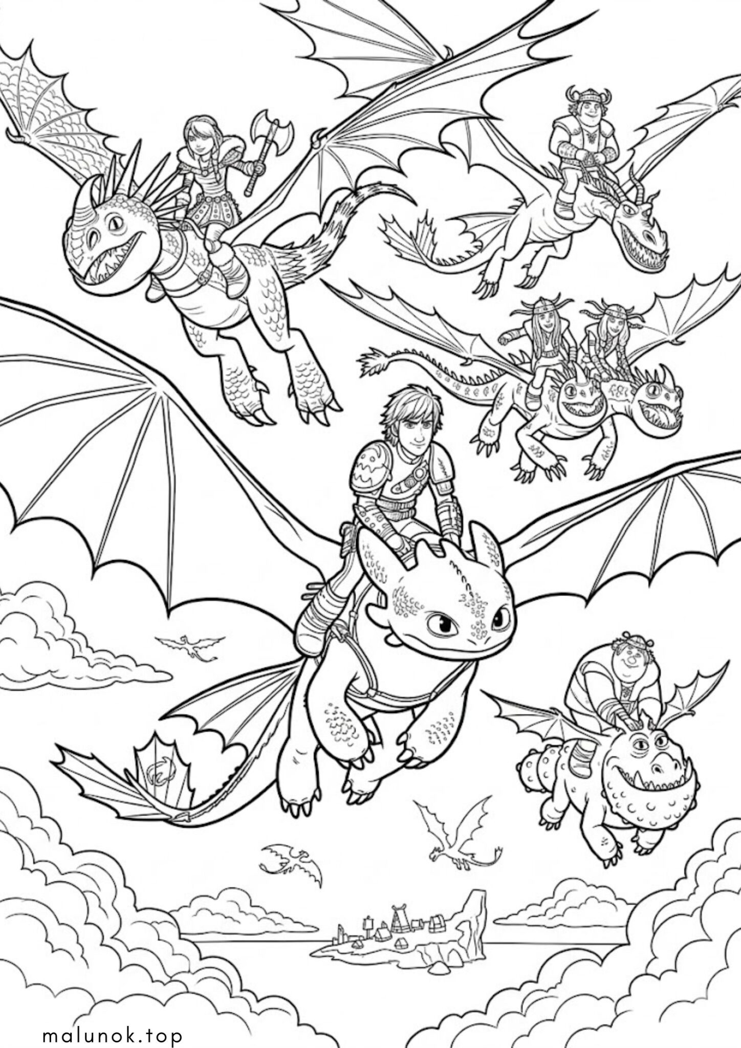 Раскраска Гикавка з друзями на драконах (Як приборкати дракона)