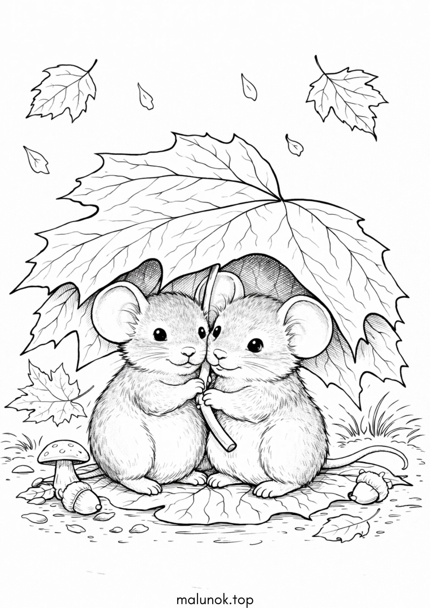 Раскраска Мишки під листочком