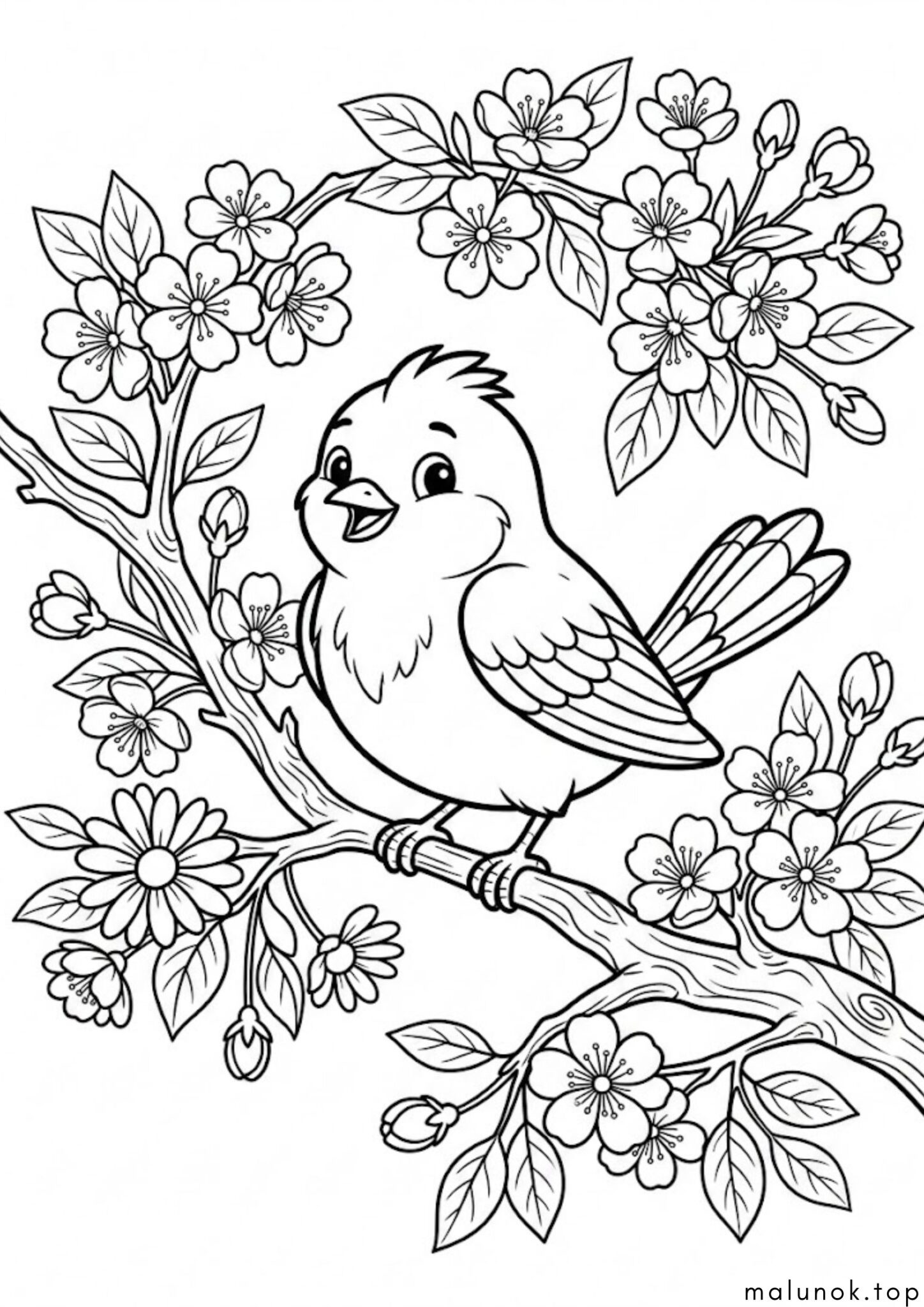 Раскраска Пташка на квітучому дереві