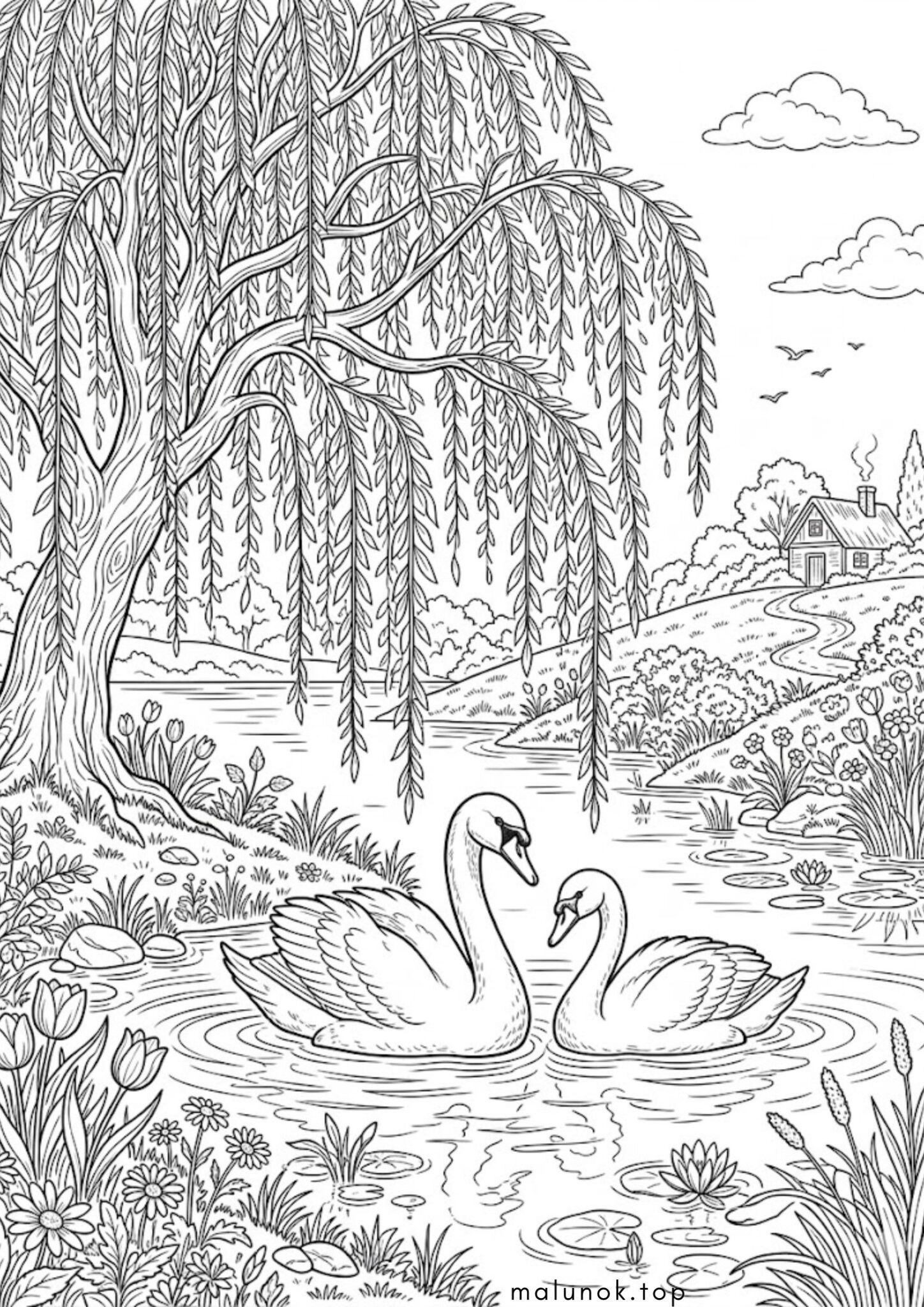 Раскраска Весна – лебеді під вербою