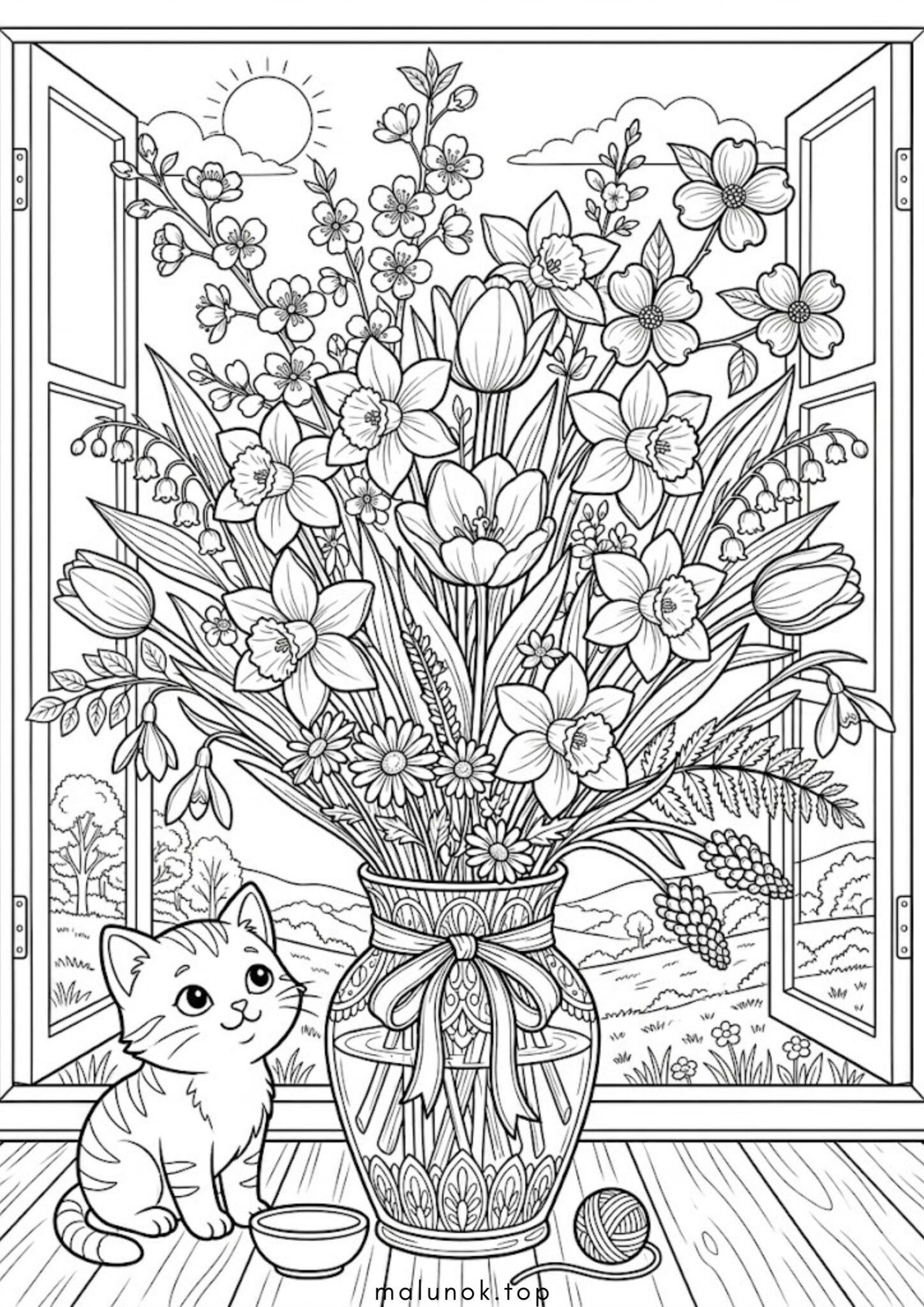 Раскраска Весняні квіти на підвіконні