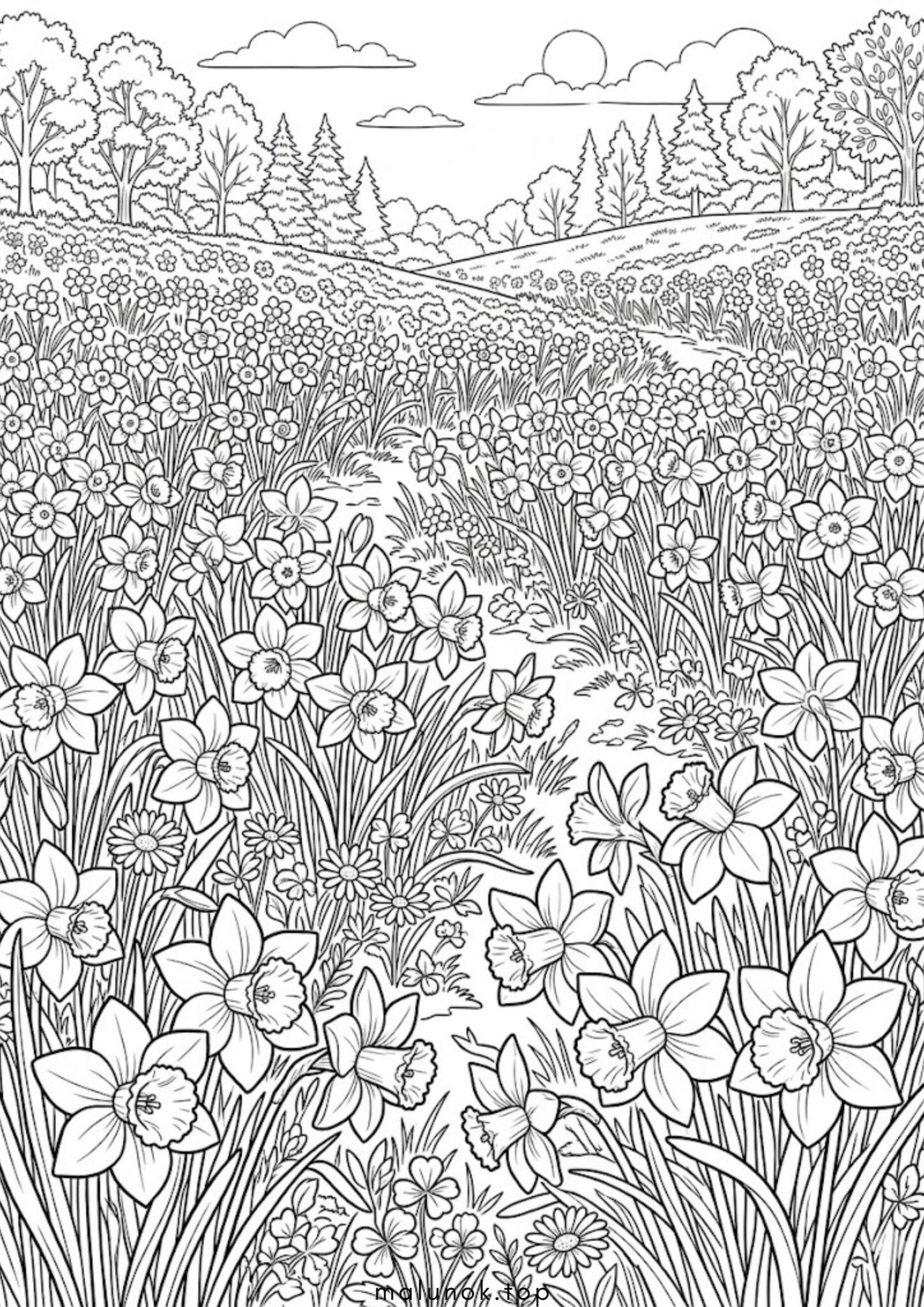 Раскраска Весняні квіти – поле нарцисів