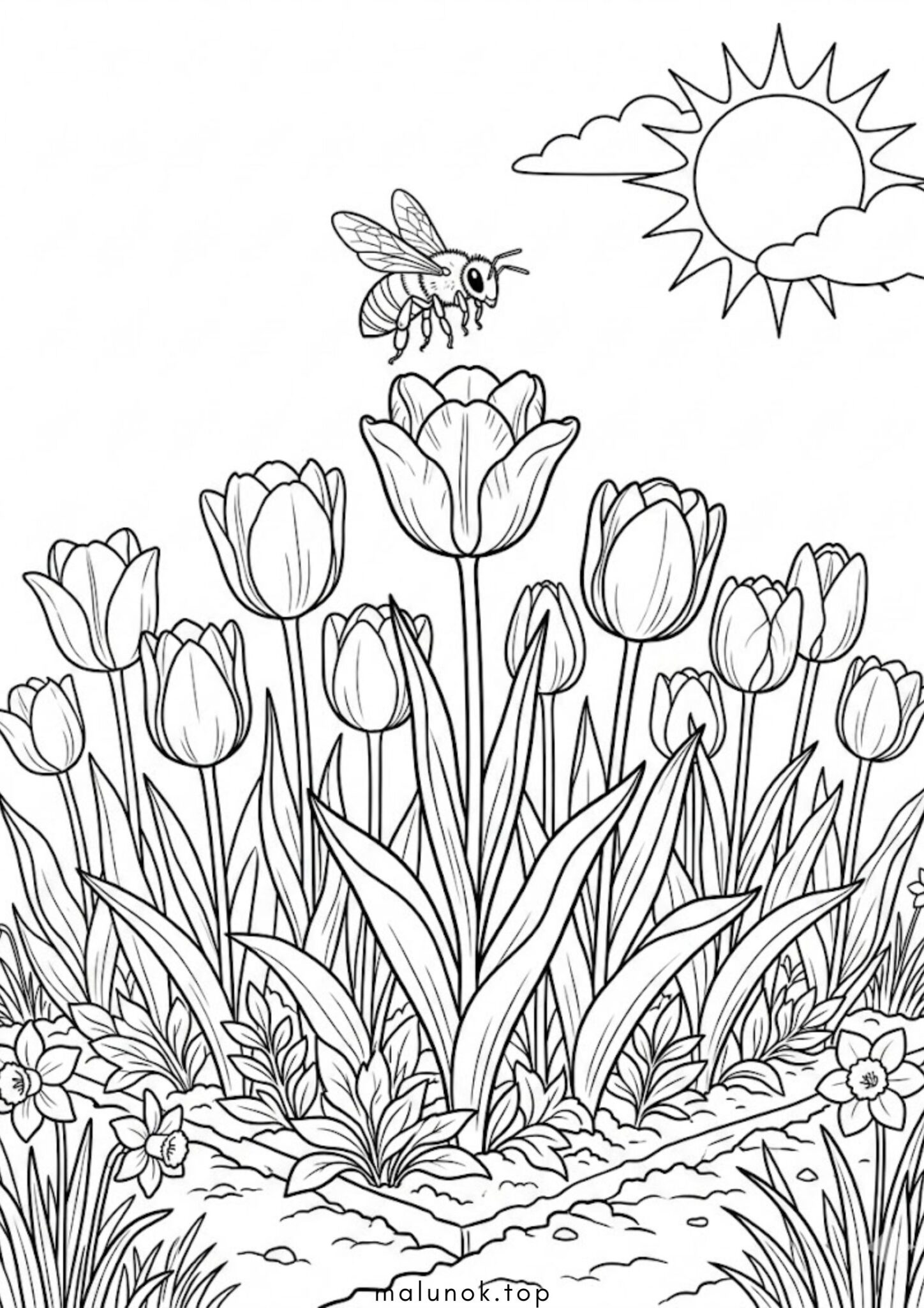 Раскраска Весняні квіти – тюльпани та бджілка