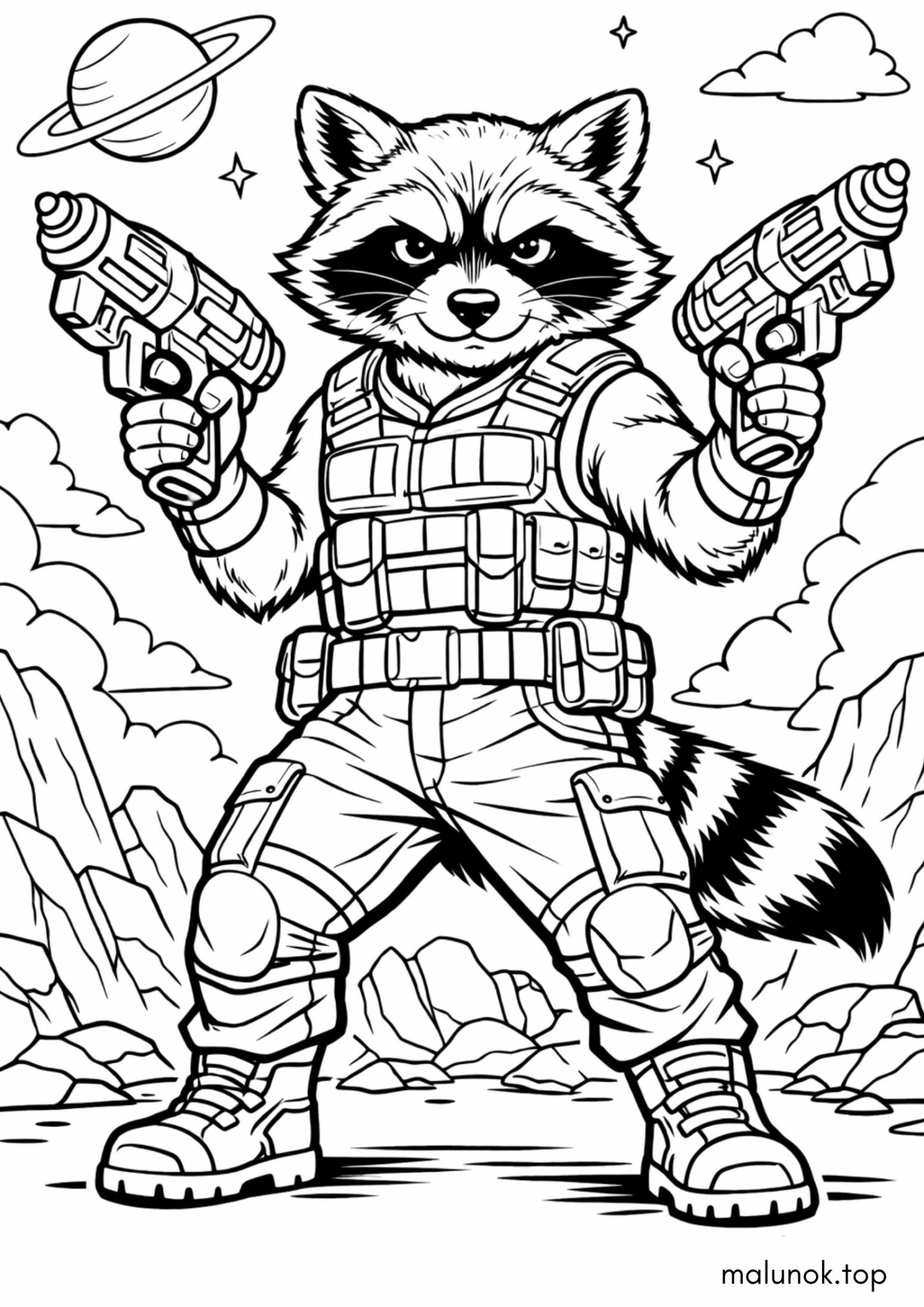 Раскраска Єнот Ракета зі зброєю