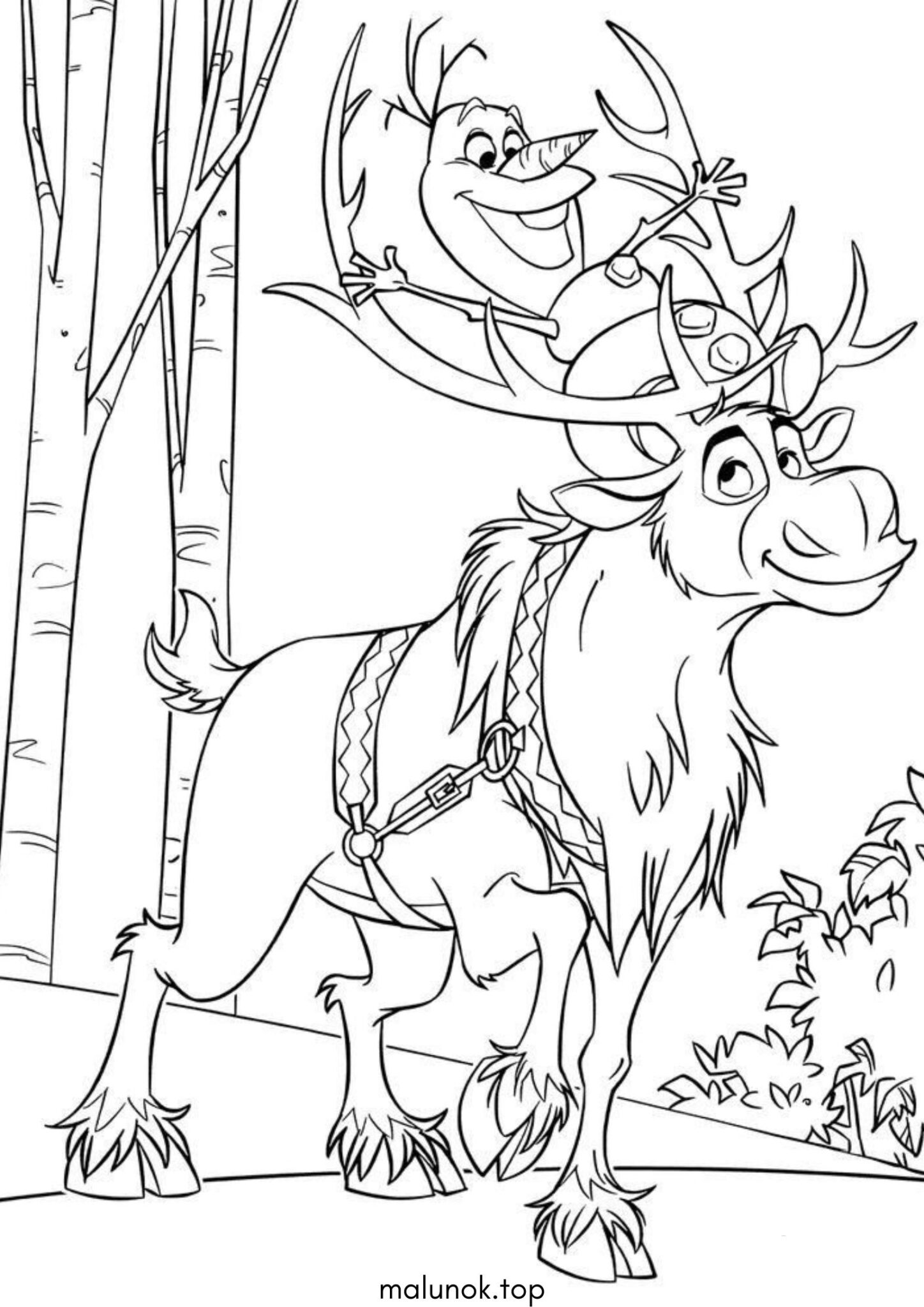 Раскраска Олень Свен та сніговик Олаф (Крижане серце)