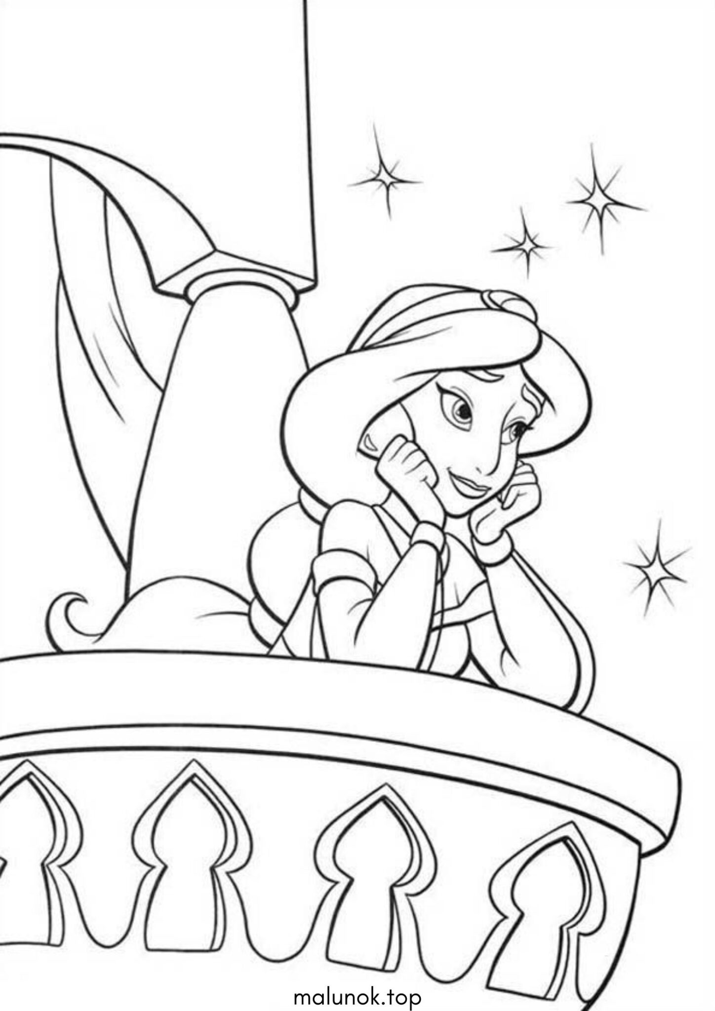 Раскраска Принцеса Жасмін на балконі (Аладдін)