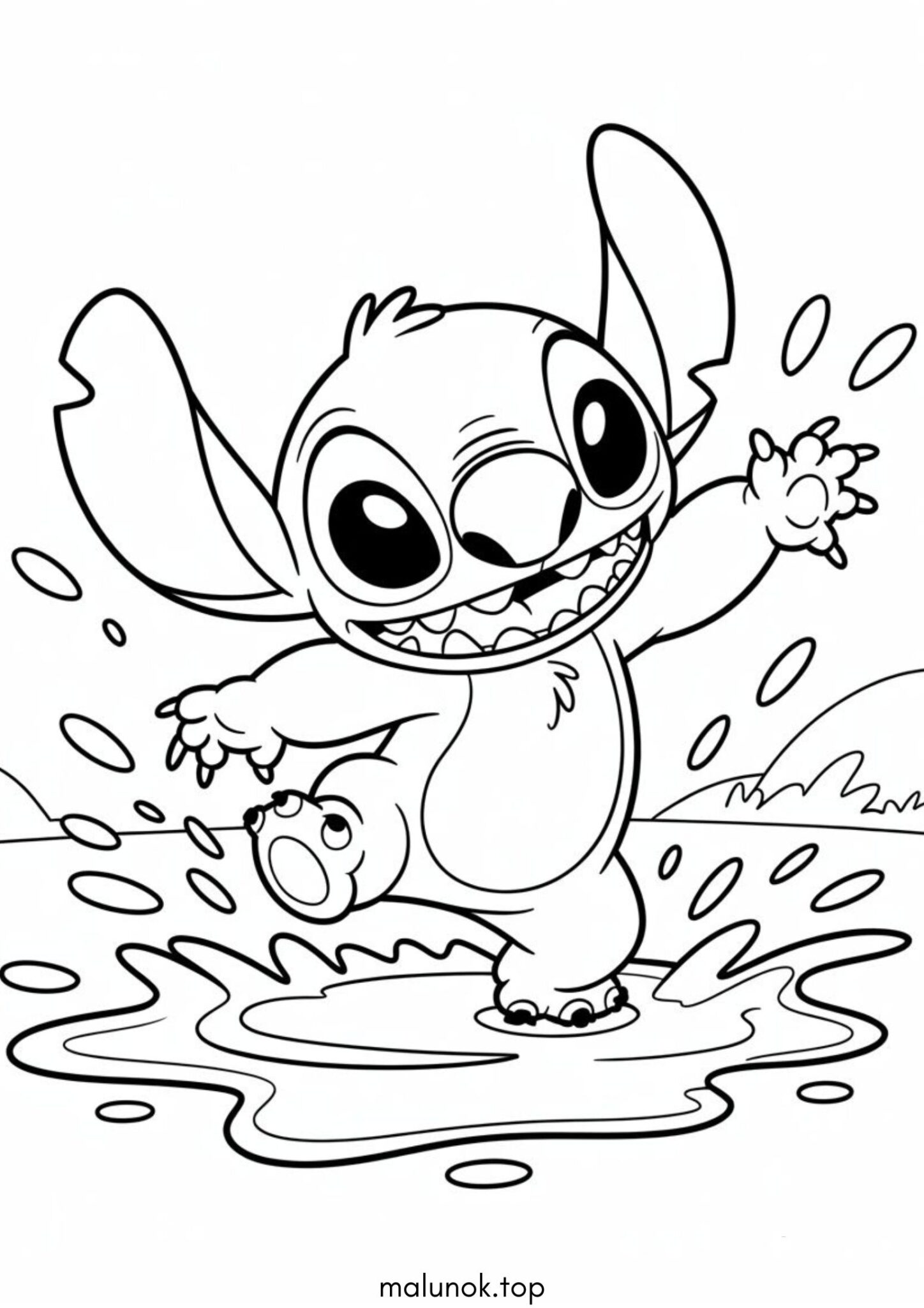 Раскраска Стіч у калюжі