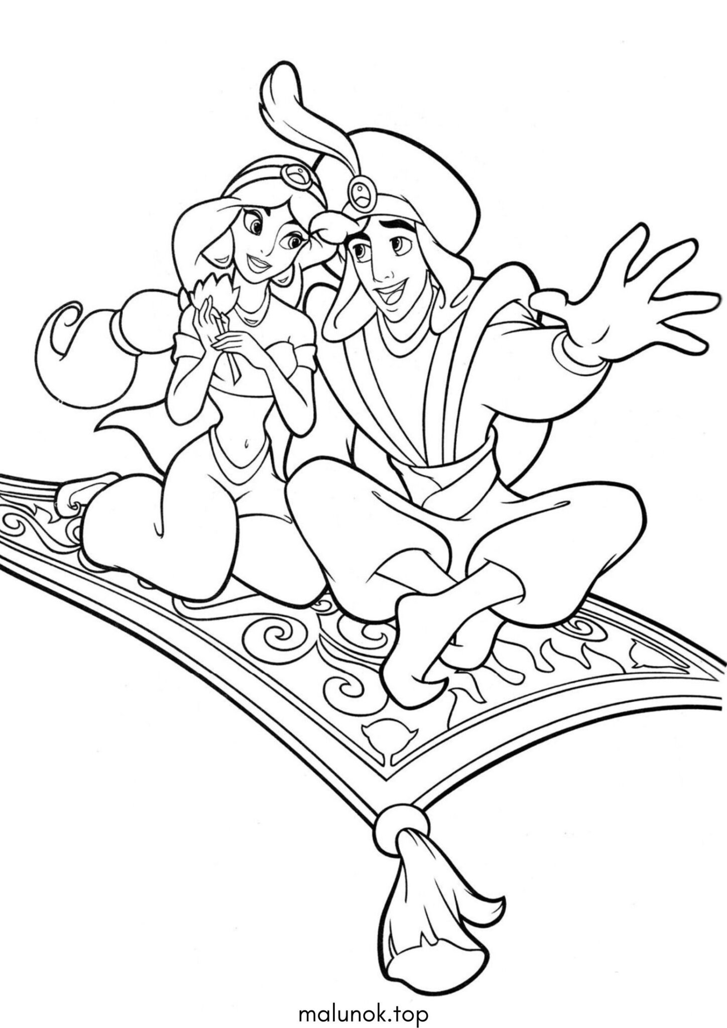 Раскраска Жасмін та Аладдіном на килимі